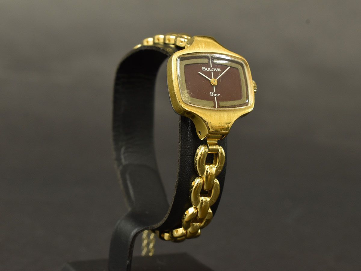 H0072□動作確認済 BULOVA ブローバ Christian Dior ディオール Wネーム 腕時計 手巻き 2針 GP ブラウン ゴールド レディース/ D_画像3