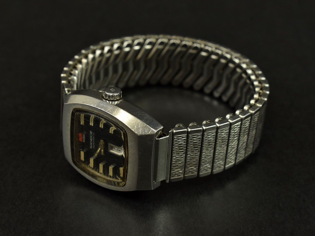 H0063♪ 動作未確認 SANDOZ サンドス メンズ ウォッチ 腕時計 自動巻き デイデイト 3針 バーインデックス SS ブラック シルバー/ D_画像4