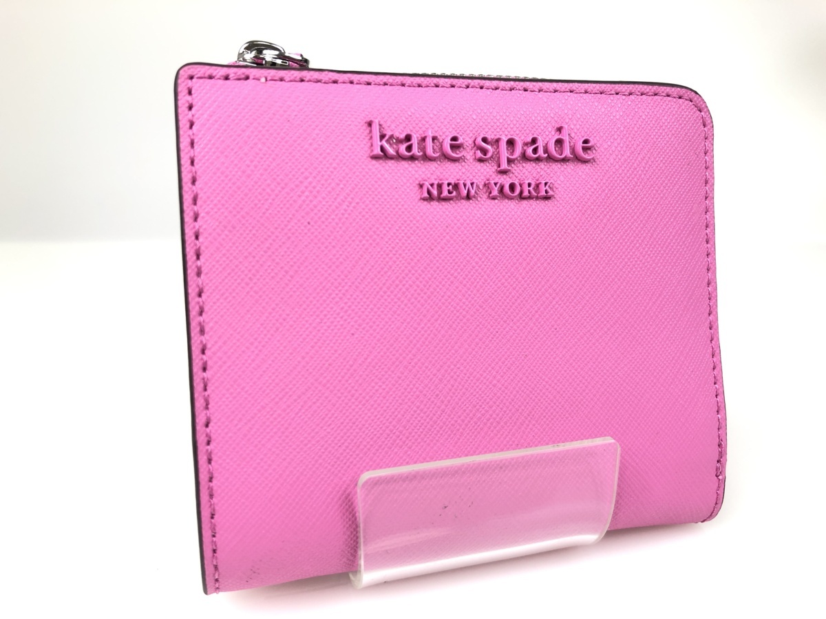 新品　ケイトスペード　PVCレザー　パスケース付き　二つ折り財布　ロゴ　ピンク　コンパクト　L字ファスナー　YS-405