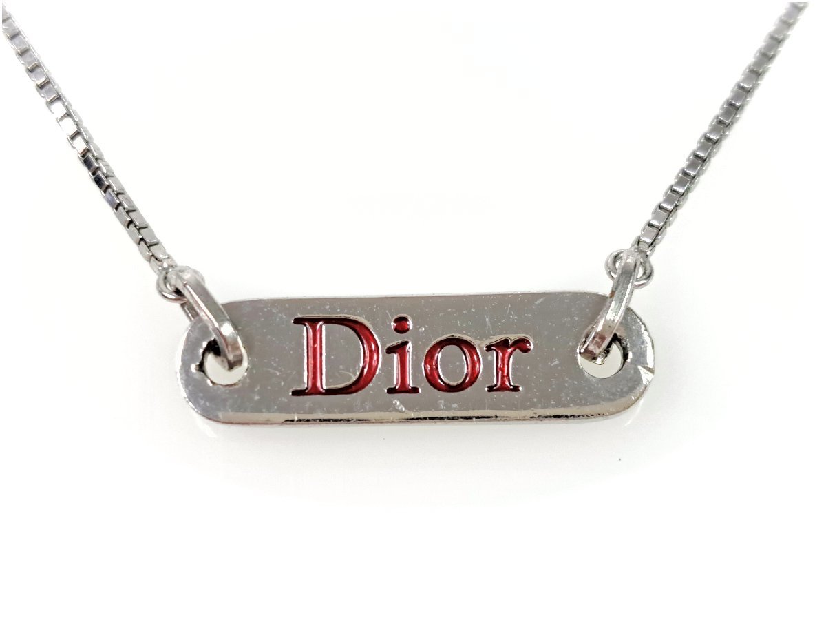 クリスチャン・ディオール　Christian Dior　ロゴ　プレート　ベネチアンチェーン　ネックレス　レッド×シルバーカラー　YAS-9966