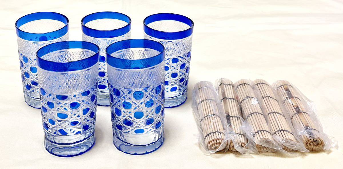 新品 AOYAGI 手作り 切子ガラス 雫 コースター付 瑠璃色タンブラー5客