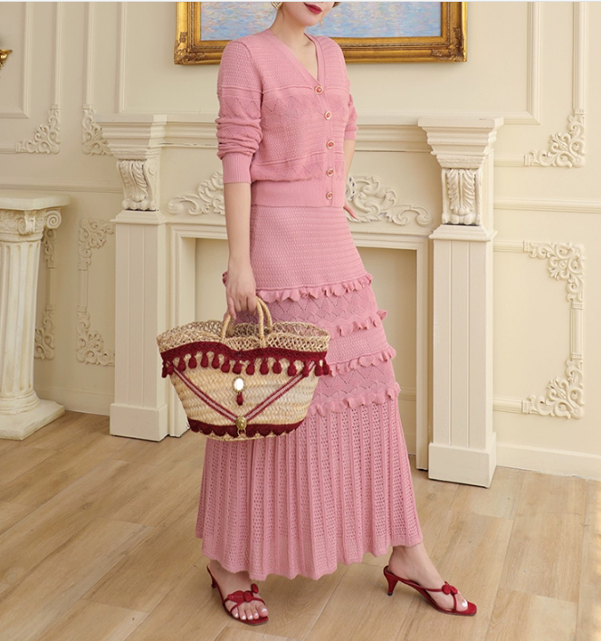 レディースカーディガンロングスカートセットフリルが可愛いピンク色L_画像5