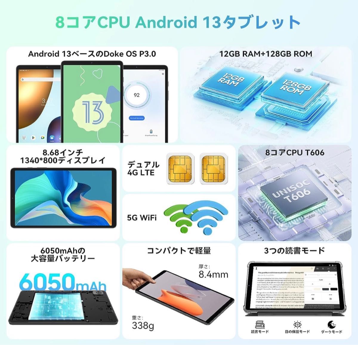 タブレット 8 68インチ 12GB+128GB+2TB拡張可能 8コアCPU 6050mAh大