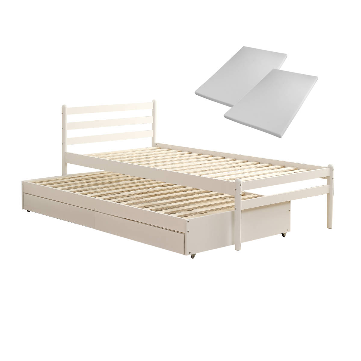 【2つマットレス付き】親子ベッド シングルベッド 引き出し付き 木製 ベッドフレーム すのこ 親子ベッド 省スペース シングル