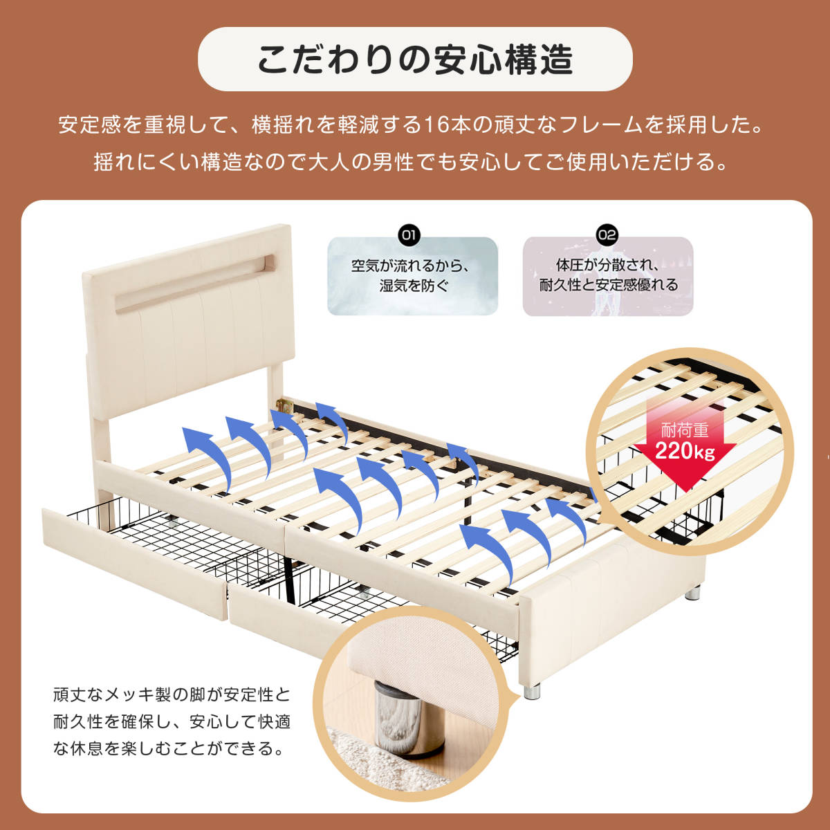 【グレー】LEDライト付き シングルベッド ディベッド ファブリックベッド 木製 子供ベッド 子供部屋 大人用 収納 ベッド 北欧風_画像7