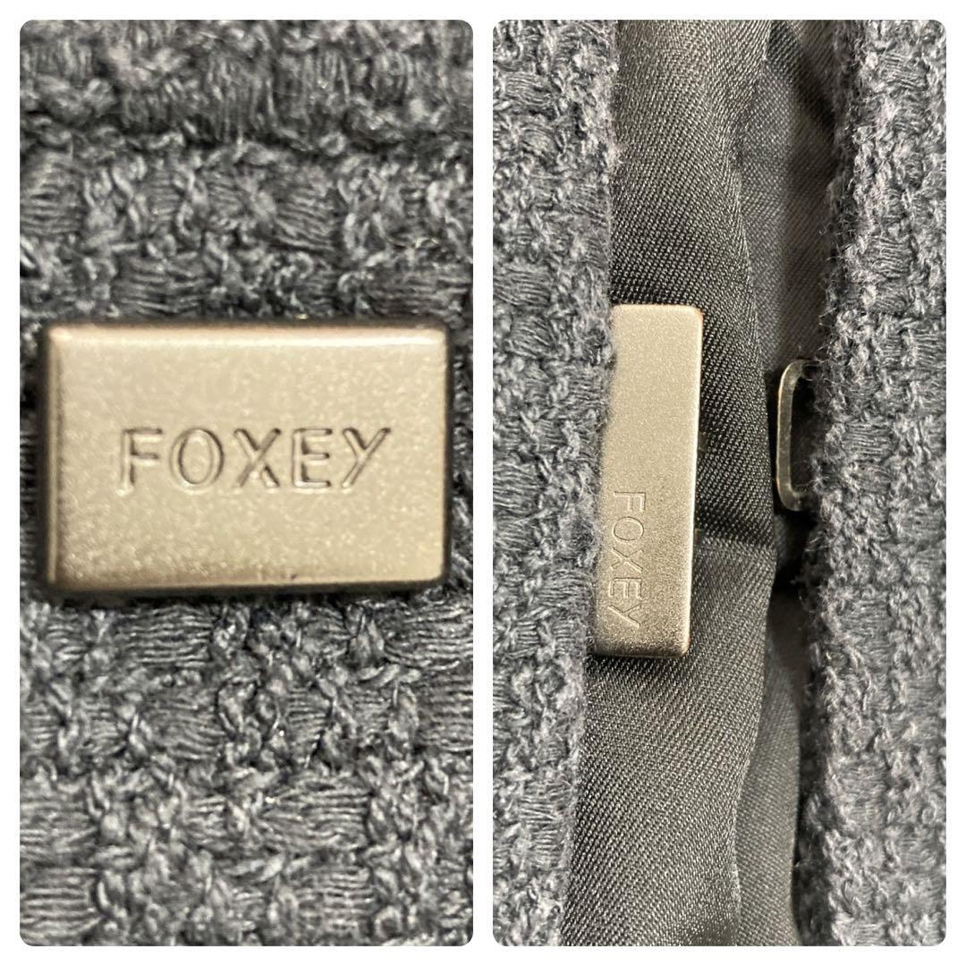 FOXEY フォクシー ツイードジャケット 2way ノーカラー 付け襟 七分袖 ロゴプレート ネイビー フォーマル レディース