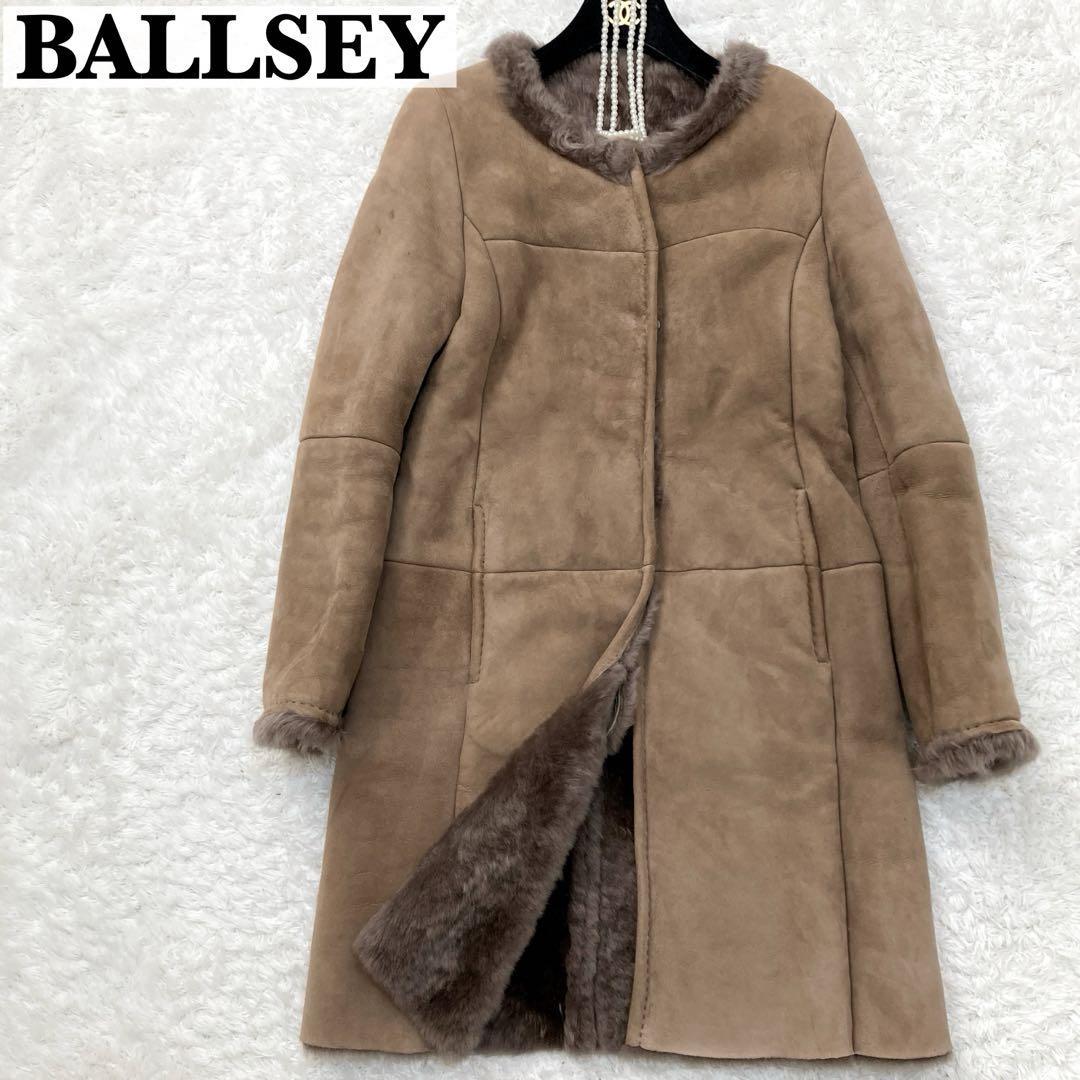 Ballsey ボールジィ リアルムートン ノーカラー ロングコート ファーコート ブラウン M相当 38サイズ_画像1