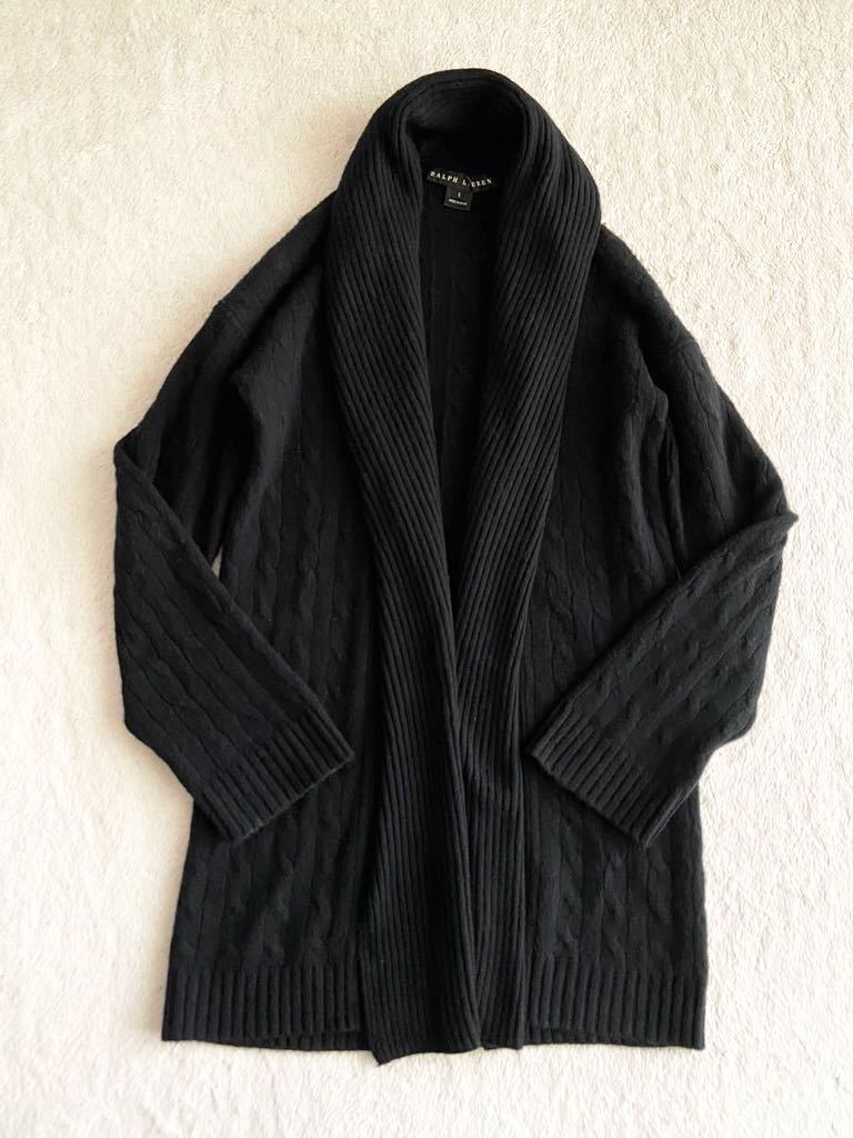 RALPH LAUREN カシミヤ100% ロングニットカーディガン sizeS ブラック 黒 アラン編み cashmere カシミア ラルフローレン ガウンニット_画像4