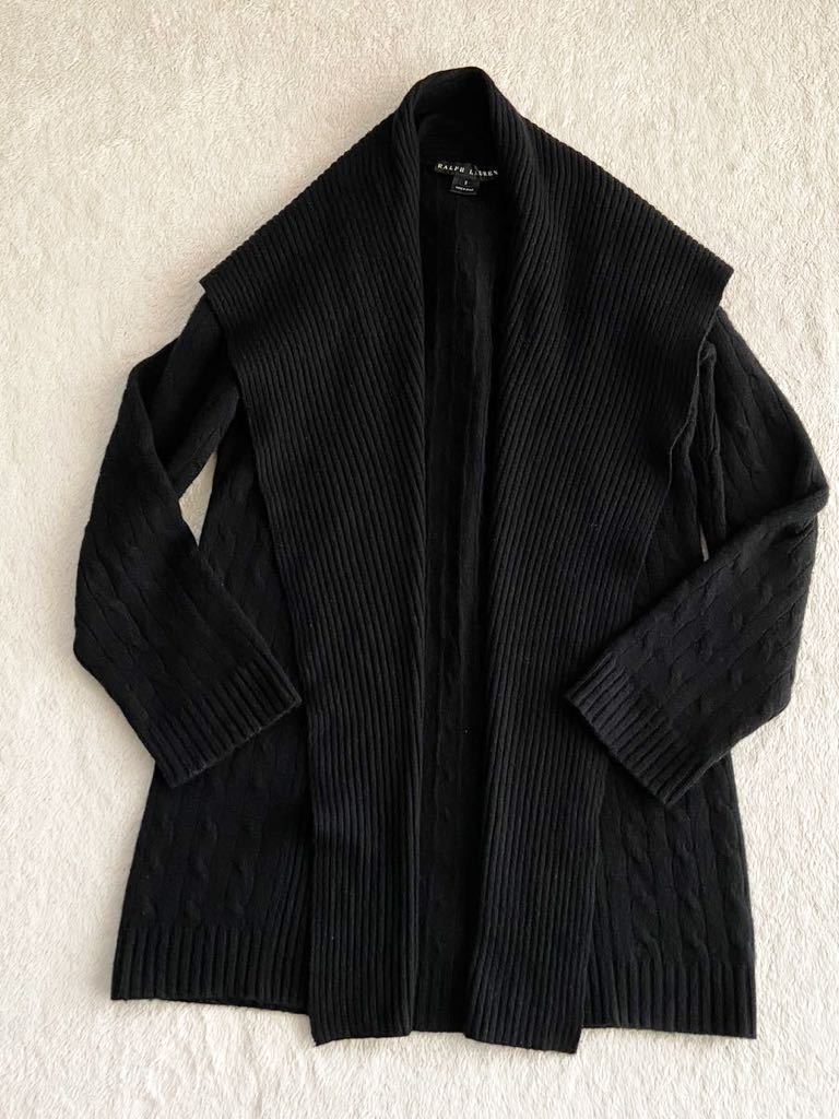 RALPH LAUREN カシミヤ100% ロングニットカーディガン sizeS ブラック 黒 アラン編み cashmere カシミア ラルフローレン ガウンニット_画像1