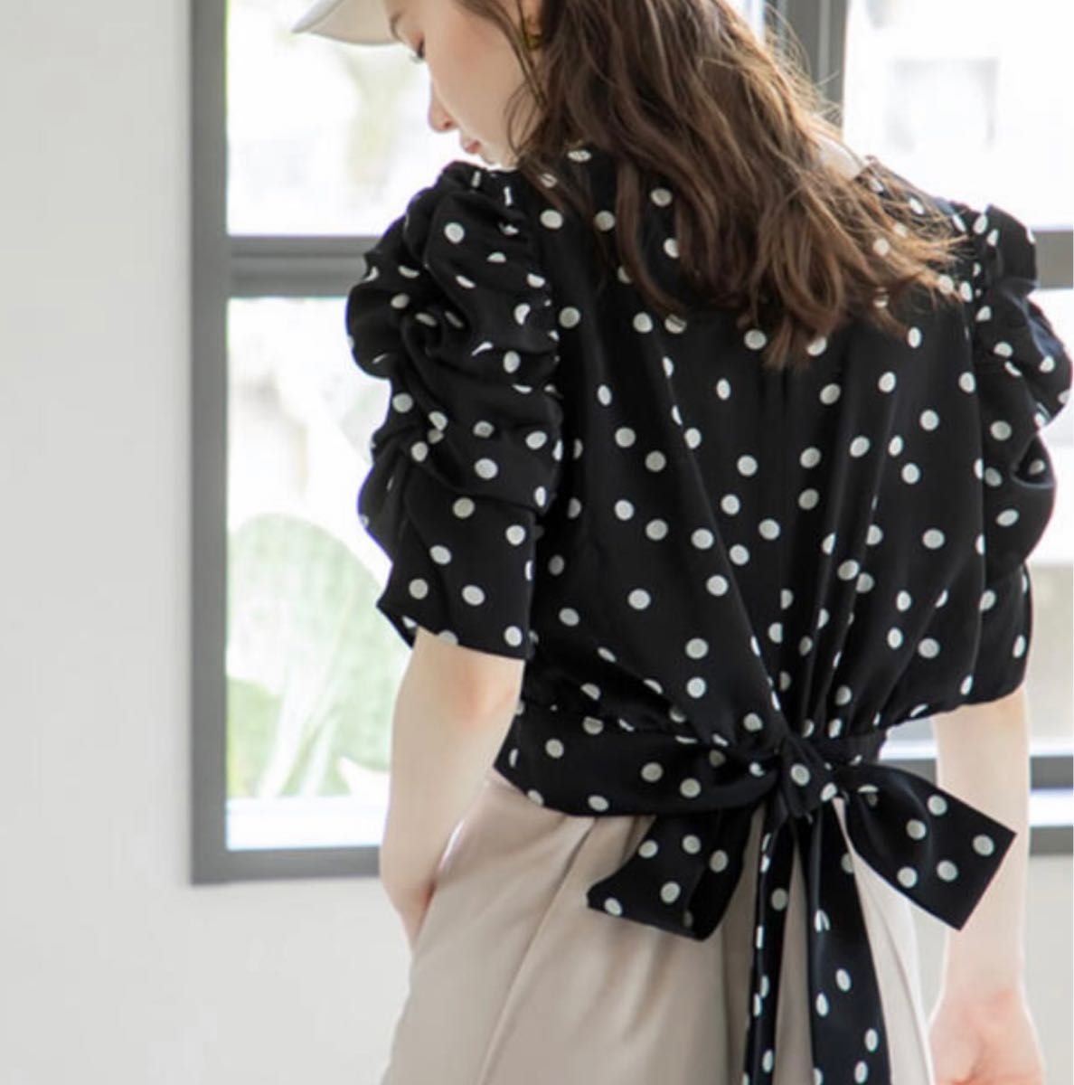 極美品✨ エムズグレイシー トップス バルーン袖 パフスリーブ リボン 黒 即日発送 GRL グレイル バックリボンドット柄ブラウス M