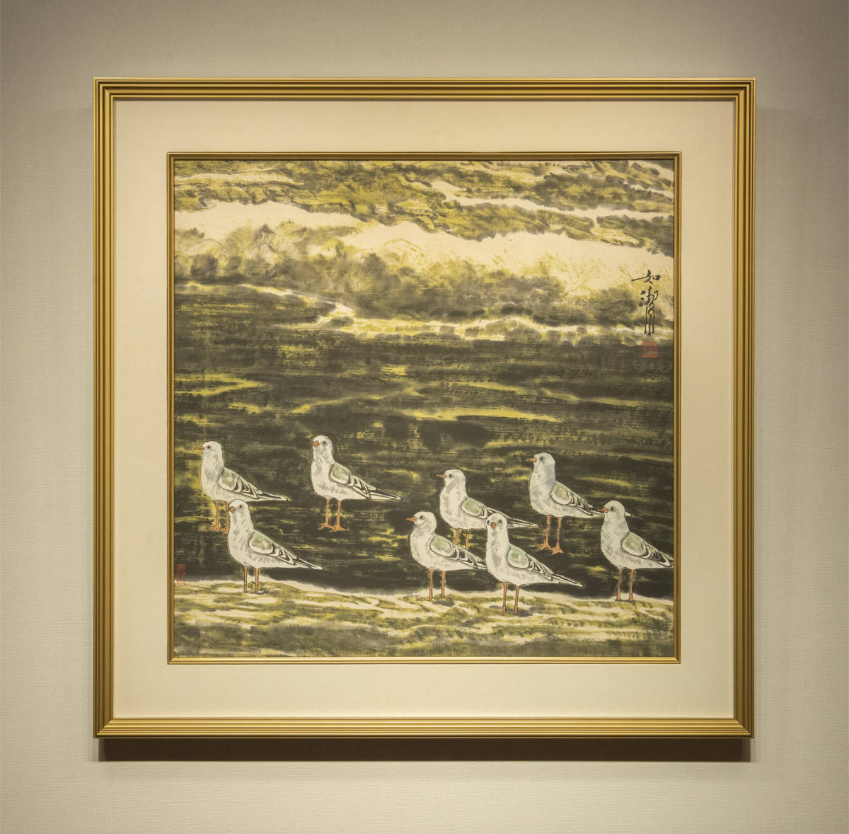 梁如洁 1990年代初期作 海鸥 額装 真作保証 中国 絵画 現代美術