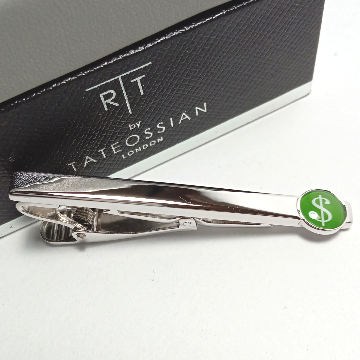【tat35】新品 TATEOSSIAN タテオシアン ネクタイピン タイバー シルバー×グリーン $マーク/ドル イギリス製
