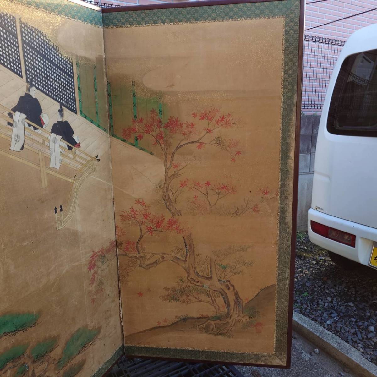 時代 旧家蔵出 旧家 名家 うぶ品 初出し 四枚折 屏風 武家 武将 松 紅葉 屋敷 日本画 骨董 古美術 引き取り歓迎_画像7