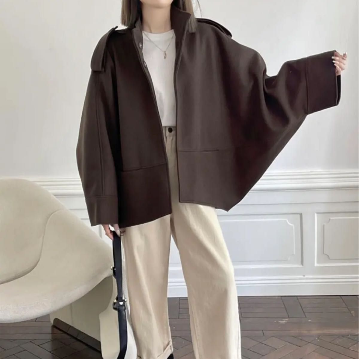 バックタックボリュームスリーブハイネックコート brown