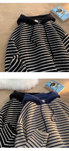 xzゆったり ふんわり フードトレーナー ニット セーター 可愛い 着映え レディース チュニック 縞縞 ネイビー_画像2