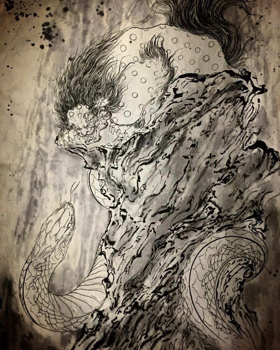 水墨画 蛇 獅子