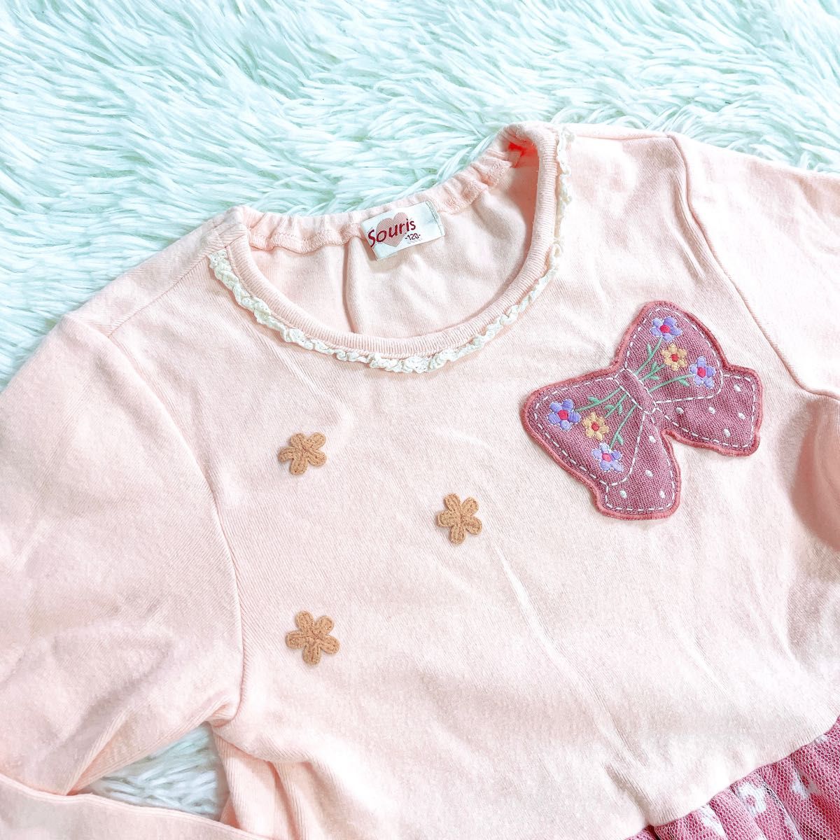 週末SALE美品!souris 120 長袖 ワンピース スーリー 女の子 秋冬 キッズ 子供服 チュール ピンク リボン