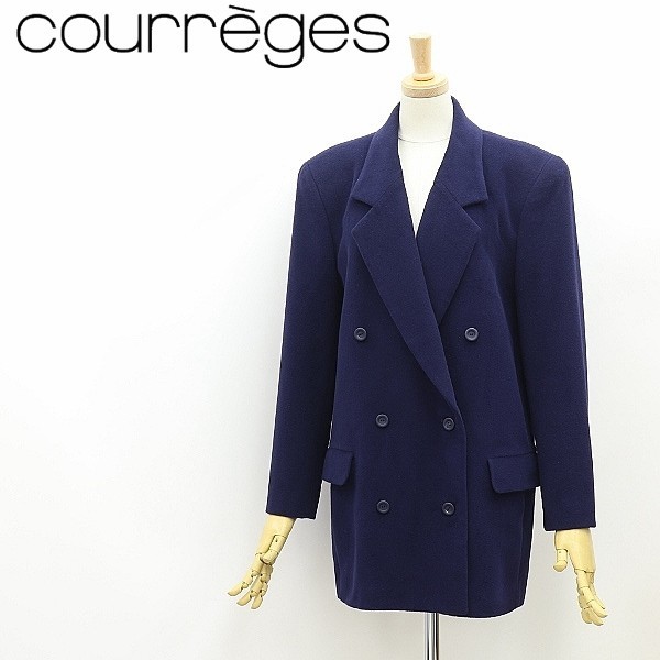 ◆courreges クレージュ ウール ダブル ハーフ コート 紺 ネイビー 9AR_画像1