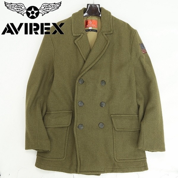 USA製◆AVIREX OFFICER'S UNIFORM アヴィレックス 星条旗パッチ ダブル ハーフ コート Pコート カーキ Ｍ_画像1