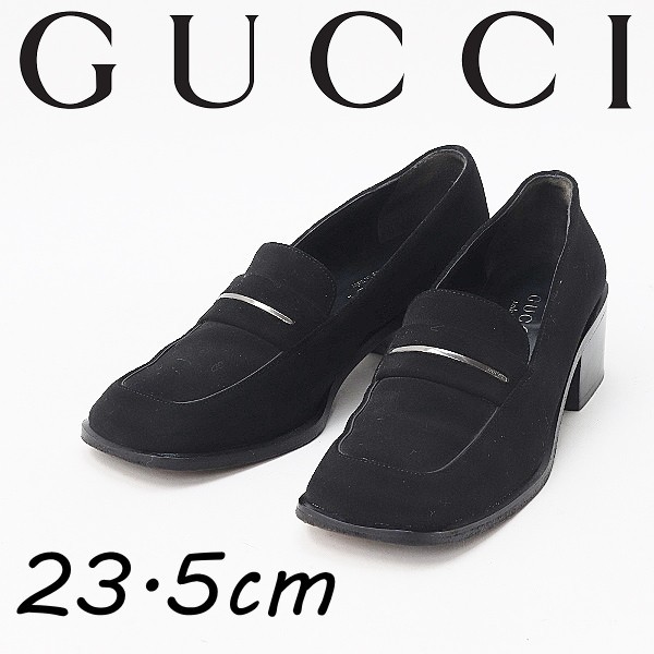 ◇GUCCI グッチ スエード ロゴ金具 スクエアトゥ ローファー ヒール