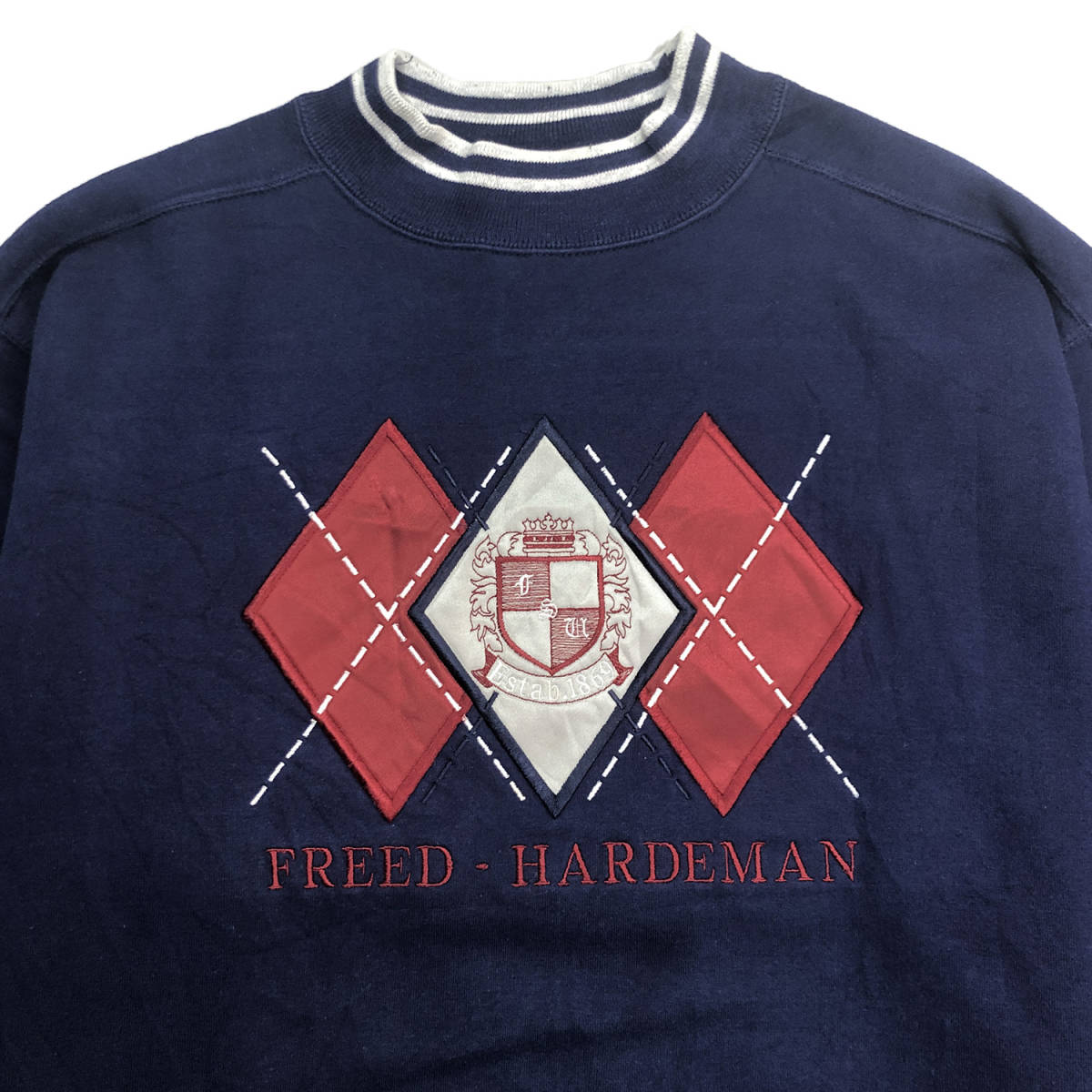 90S FREED HARDEMAN ヴィンテージ 刺繍ロゴ モックネック スウェット トレーナー ネイビー 紺色 メンズL 古着 BD1257