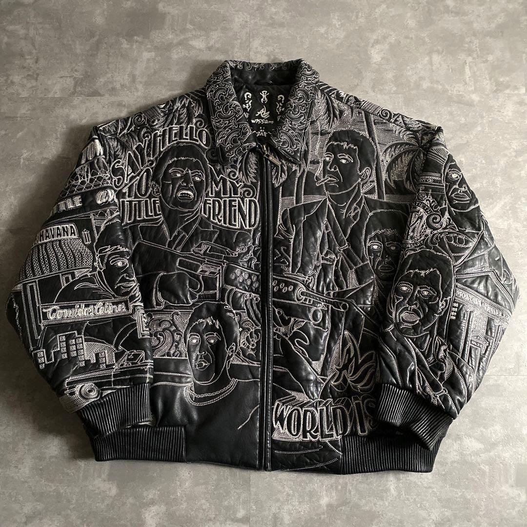 Al Wissam アル ウィッサム SCARFACE スカーフェイス 全面 総柄 刺繍 レザー ボンバー ジャケット 56 黒 ブラック 90s HIPHOP RAP TEES