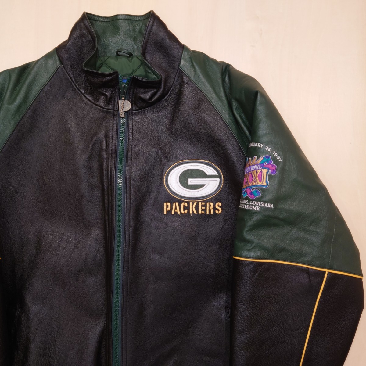 PRO LAYERS スタジャン レザージャケット green bay packers グリーンベイ・パッカーズ NFL 90s プロレイヤー 本革 スーパーボウル 2310_画像3