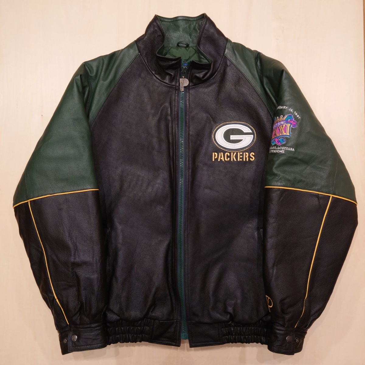 PRO LAYERS スタジャン レザージャケット green bay packers グリーンベイ・パッカーズ NFL 90s プロレイヤー 本革  スーパーボウル 2310