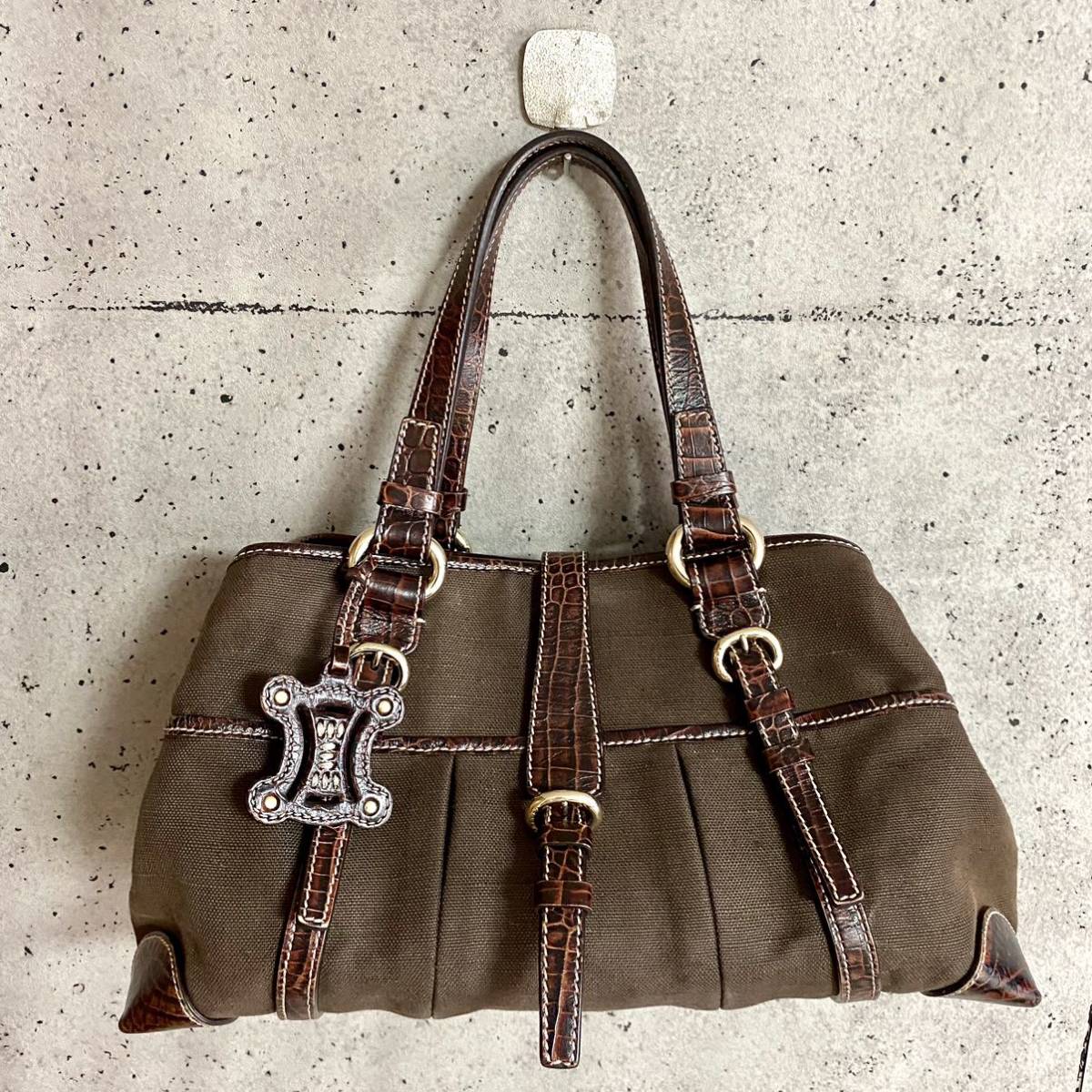 本物 CELINE セリーヌ クロコレザー 型押し キャンバス トートバッグ