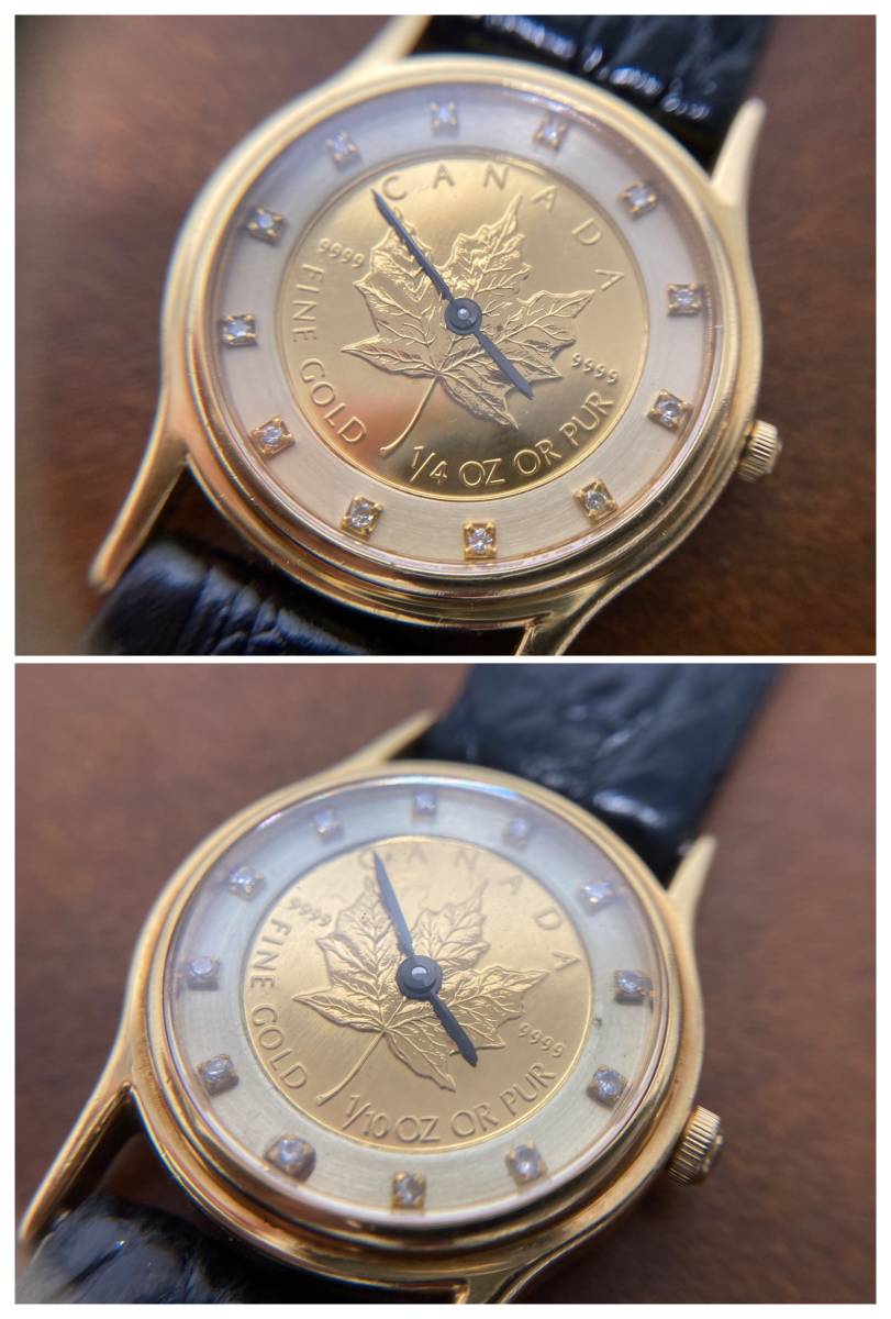 【37459】Motive Deco モーティブ デコ　クオーツ　腕時計　ペア　カナダメイプルリーフ金貨　1/4OZ　1/10OZ　稼動品　K24　K18_画像8