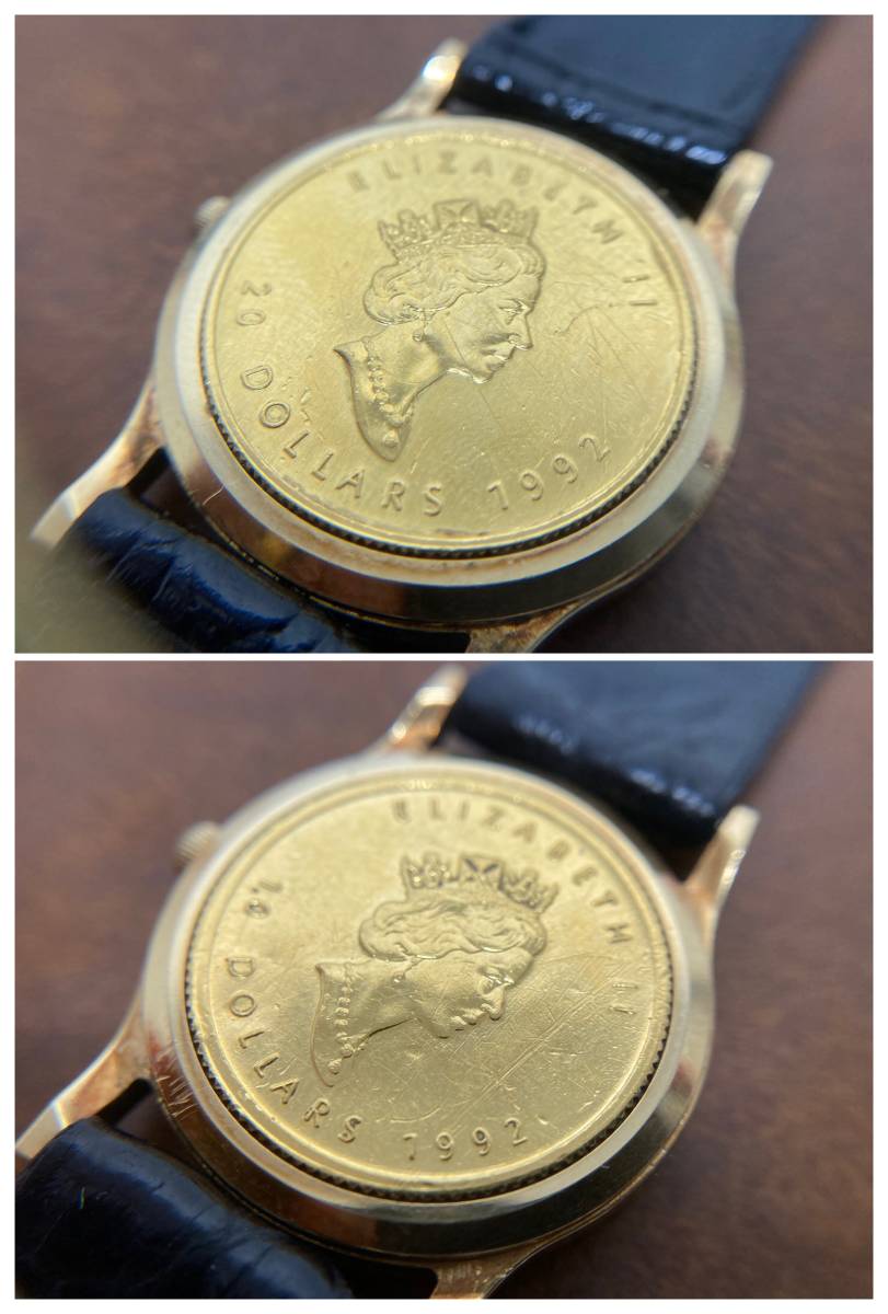 【37459】Motive Deco モーティブ デコ　クオーツ　腕時計　ペア　カナダメイプルリーフ金貨　1/4OZ　1/10OZ　稼動品　K24　K18_画像9