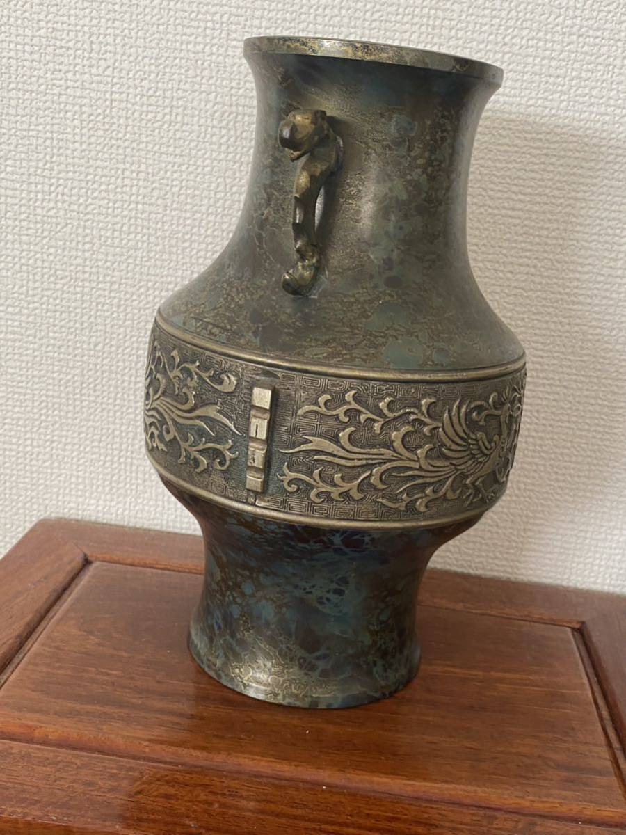 中国美術 古美術 銅製鳳鳥雕雙龍耳花瓶 花器_画像3