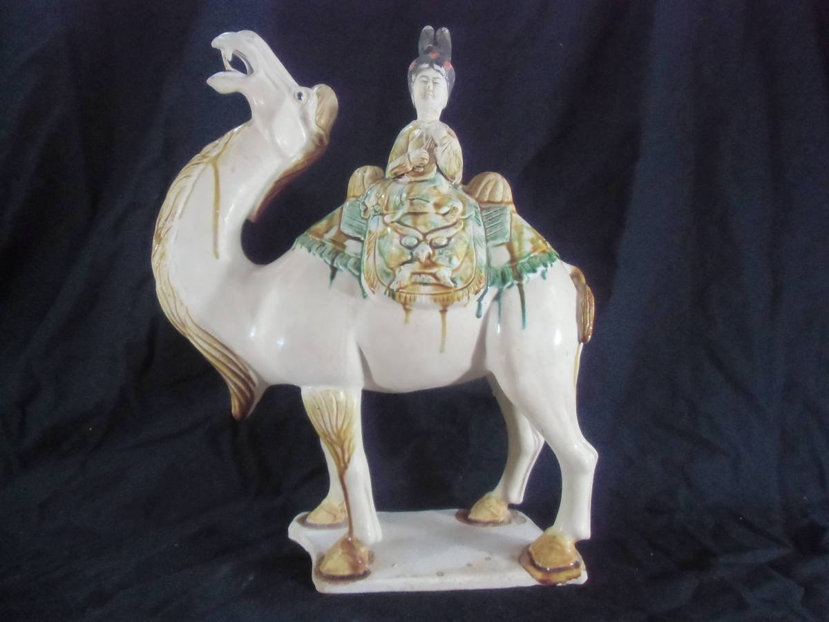 中国唐三彩置物祭具、大型 馬乗り婦人、中国陶磁、骨董品 希少、中国美術、高さ４２ｃｍ_画像1