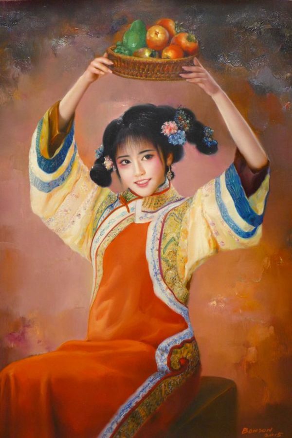 油彩画　喜ぶ娘の笑顔　　「実りの日のチャイナ少女」　　　　　　CU_画像2