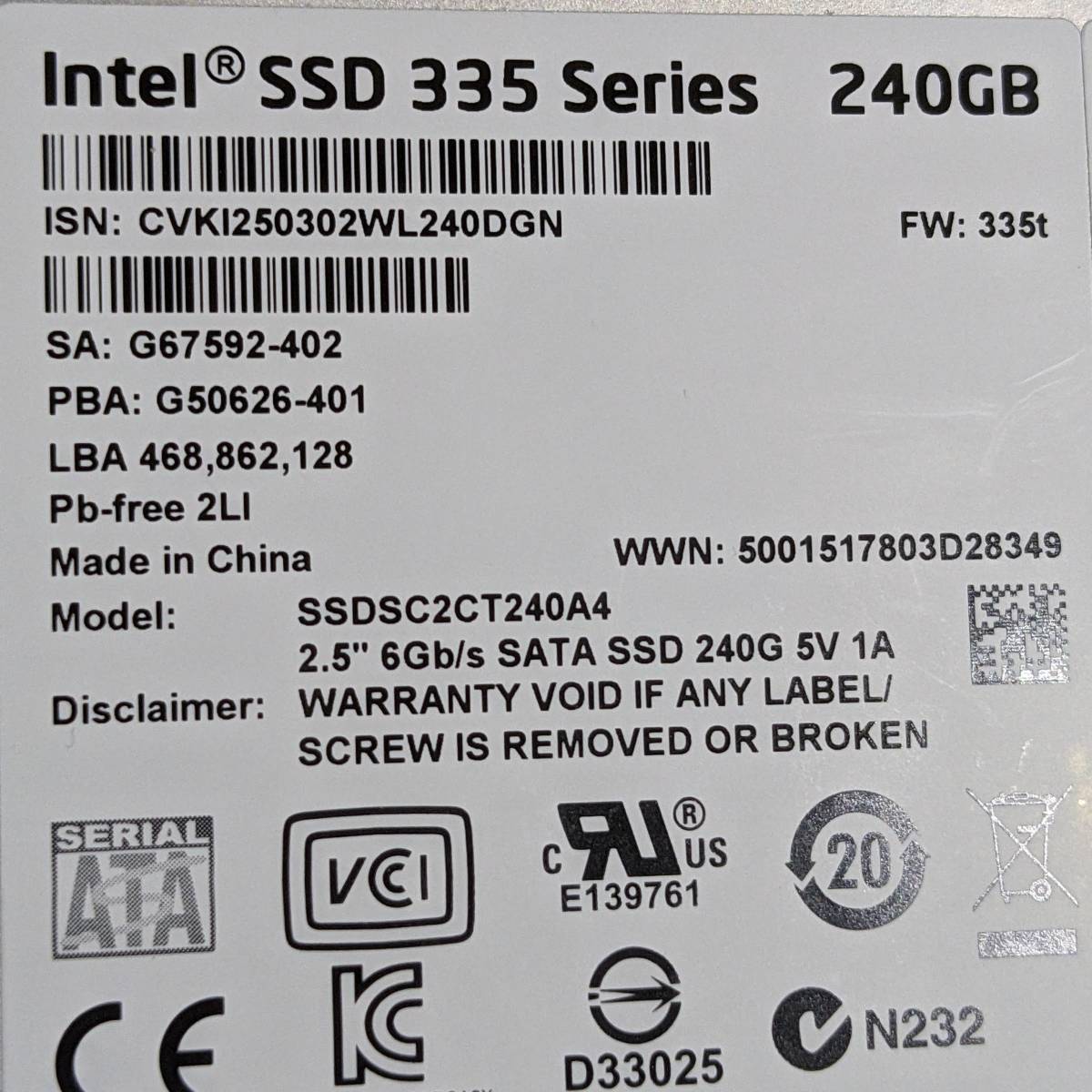 【中古】Intel SSD 335 Series 240GB SSDSC2CT240A4 [SATA 2.5インチ 9.5mm厚 MLC]
