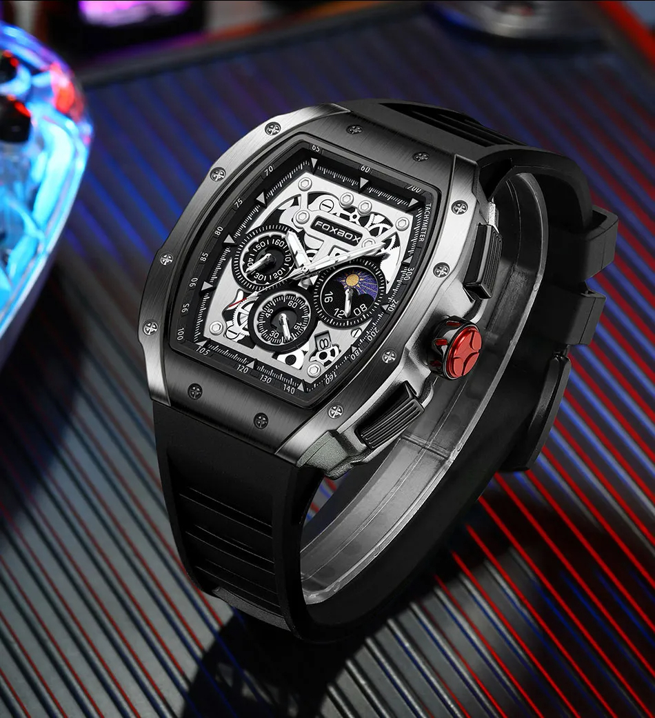 LIGE メンズ 腕時計 高品質 クオーツ カジュアル スポーツ シリコン バンド ウォッチ foxbox クロノグラフ 防水 時計 シルバー × ブラック_画像2