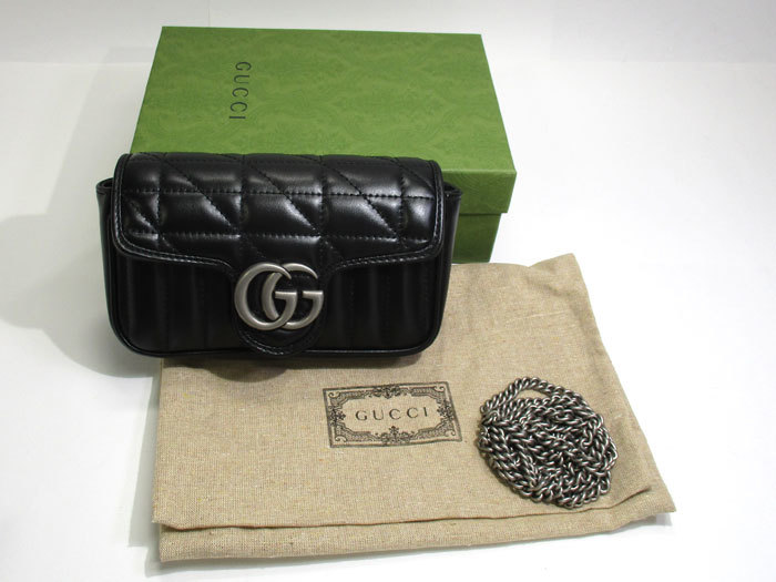 【中古】GUCCI GGマーモント スーパー ミニバッグ チェーン ショルダーバッグ ポーチ レザー ブラック 476433_画像8