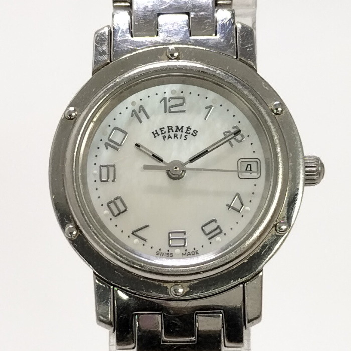 【中古】HERMES クリッパー ナクレ レディース 腕時計 クオーツ SS ホワイトシェル文字盤 CL4.210