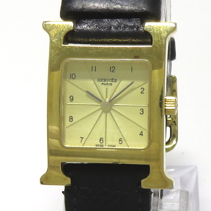 【中古】HERMES Hウォッチ レディース 腕時計 クオーツ SS GP レザーベルト ブラック ゴールド文字盤 □I刻印 HH1.201