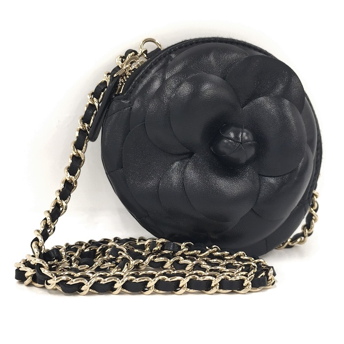 【中古】CHANEL カメリア チェーン ショルダーバッグ ラムスキン レザー ブラック AP2121