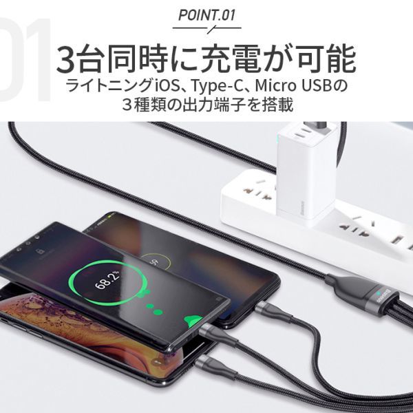 3in2 急速充電ケーブル 100W PD急速充電 USB&Type-CからiPhoneライトニングケーブル Type-Cケーブル Micro USBケーブLED QC充電表示高速ル_画像3