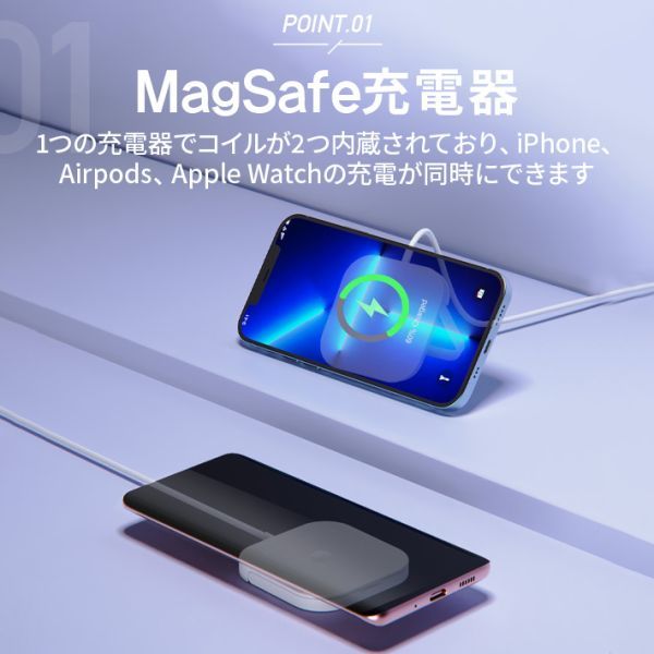 進化版for MagSafe充電器]3in1ワイヤレス充電器 Apple Watch充電器 15W急速充電 磁力付き Watch/iPhone/AirPods充電Type-C 過充電保護_画像3