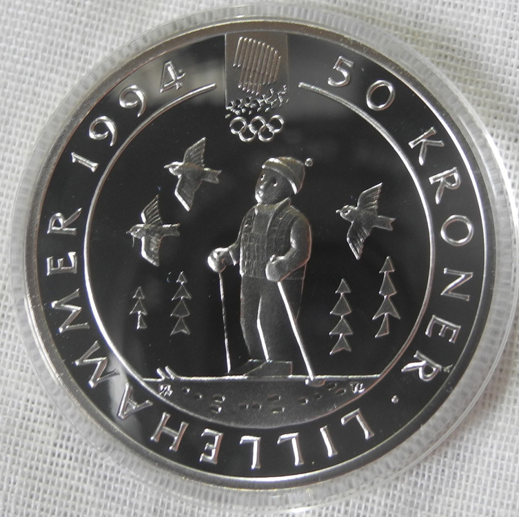 ノルウェー 50クローナー プルーフ銀貨 1991 リレハンメル五輪 オリンピック記念 1994年 スキー 1/2oz_画像1