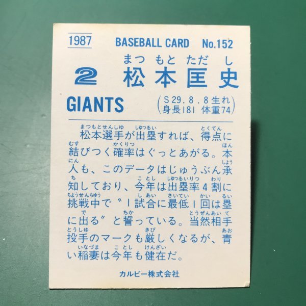 1987年　カルビー　プロ野球カード　87年　152番　巨人　松本　　　【管964】_画像2