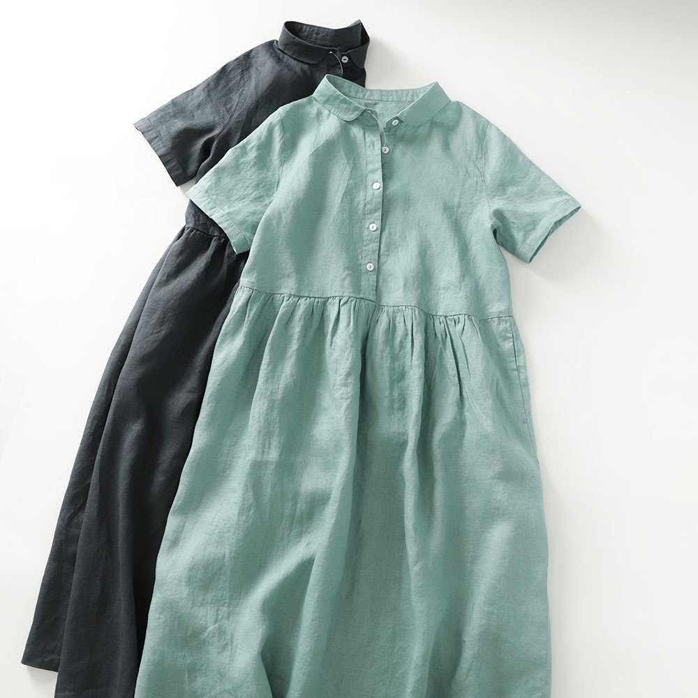 上品で大人可愛い リネンワンピース レディース ゆったり ロングワンピース 洋服 リネン100% 夏 体型カバー 緑 紺 2点セット
