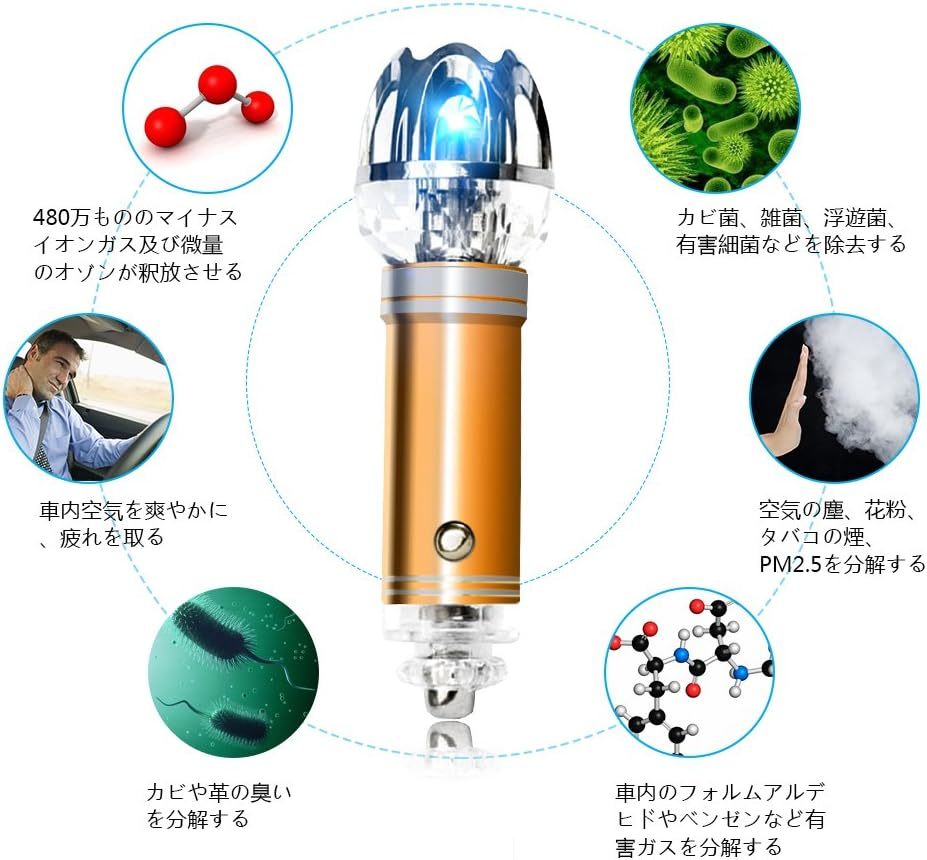  in-vehicle air purifier bacteria elimination deodorization ion generator cigar socket for ion type air cleaner air. rubbish pollen cigarettes PM2.5 car pollen measures Gold color 