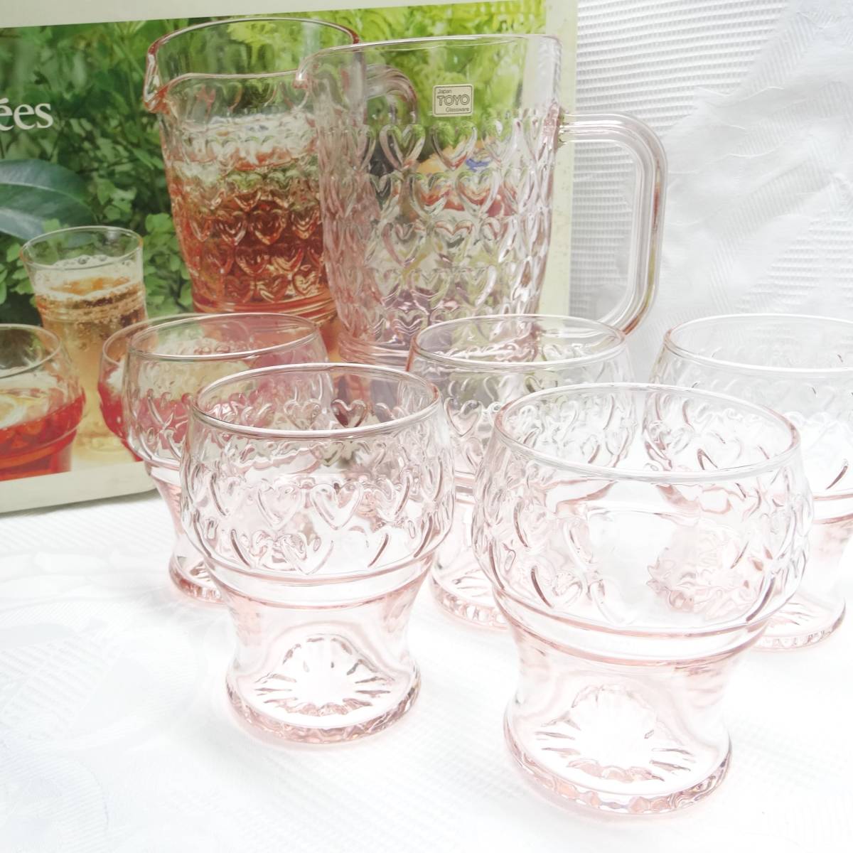 G69 売切り 昭和レトロ 1970年代 東洋ガラス シャンゼリゼ ハート ピンク ピッチャー グラス ジュースセット_画像4