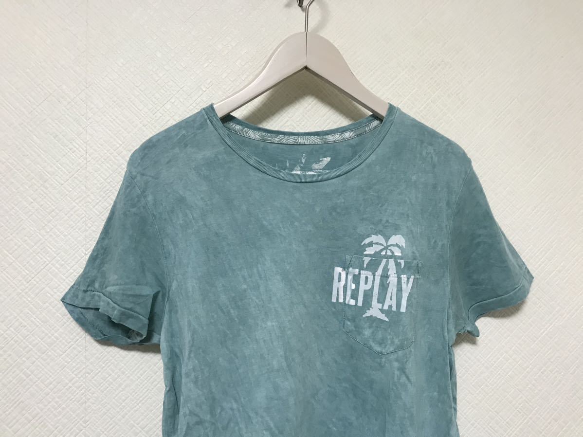 本物リプレイREPLAYコットンロゴプリントポケット後染め柄半袖Tシャツメンズサーフアメカジミリタリーストリートスケーターインド製グレーS