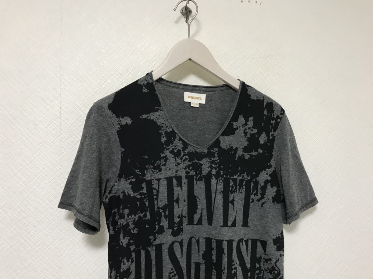 本物ディーゼルDIESELプリントVネック半袖TシャツメンズサーフアメカジミリタリースケーターストリートXSグレーブルガリア製_画像2