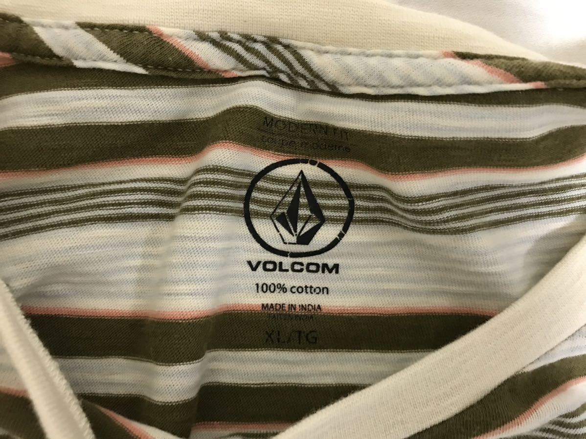 本物ボルコムVOLCOMコットンボーダー柄デカ半袖Tシャツメンズサーフアメカジミリタリービジネススーツストリートスケーターグリーン緑白XL_画像4